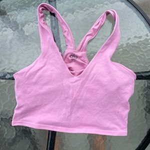 ALO Yoga Pink V-Neck Sports Bra + Biker Short Set